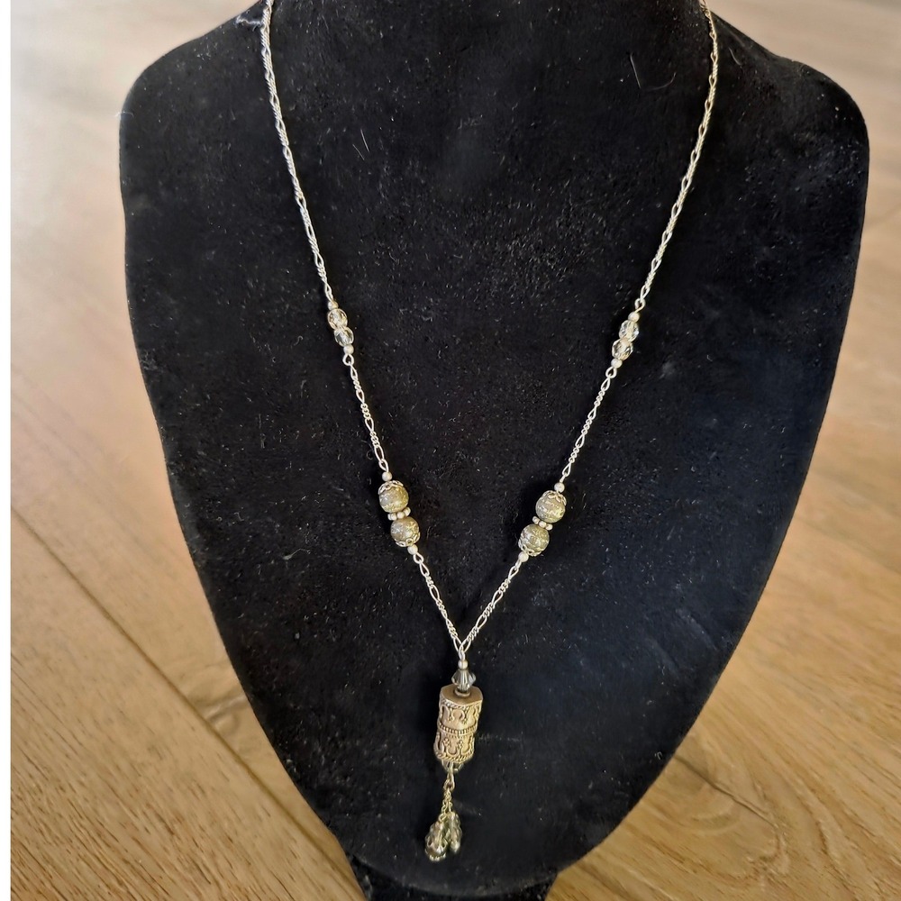 Vintage Silver Tone Prayer Box Cylinder‎ Pendant Necklace Beaded Chain Boho